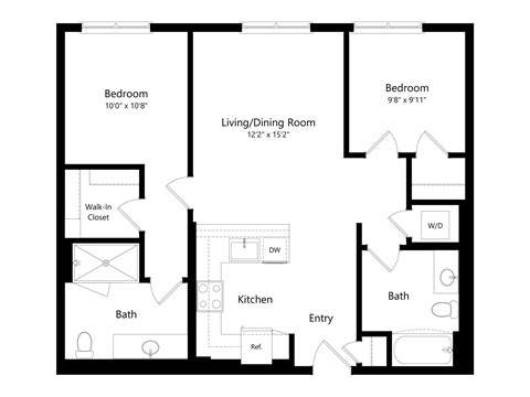 Floor plan for 2 beds, 2 baths, 940 sqft